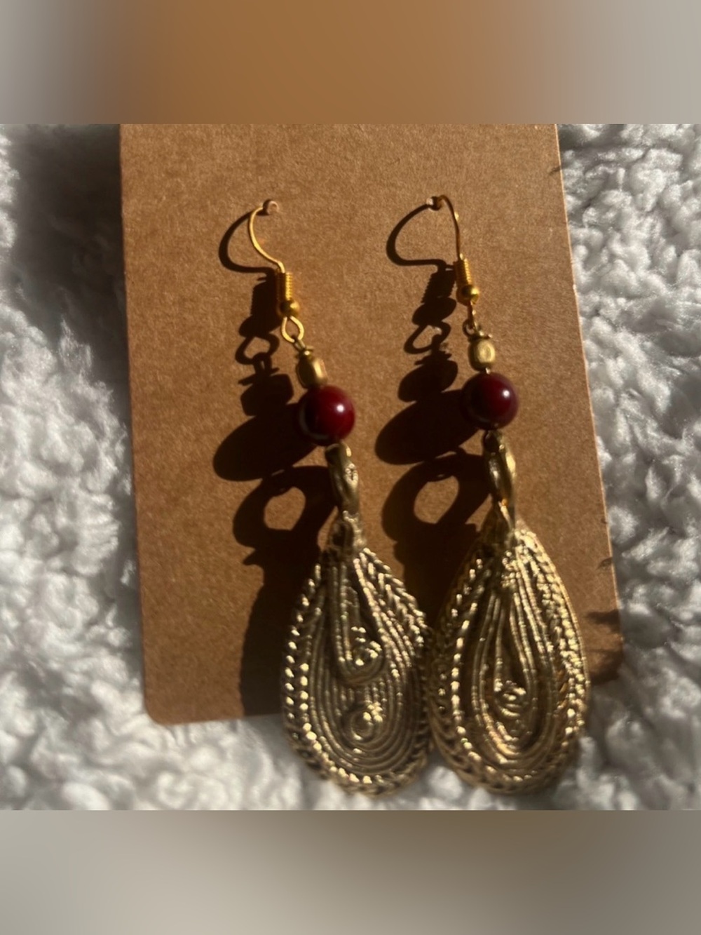 Vintage Gold Teardrop Earrings with Deep Red Beads